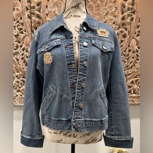Debra DeRoo Blue Denim Jacket w/ Patches- size S w/ Stretch